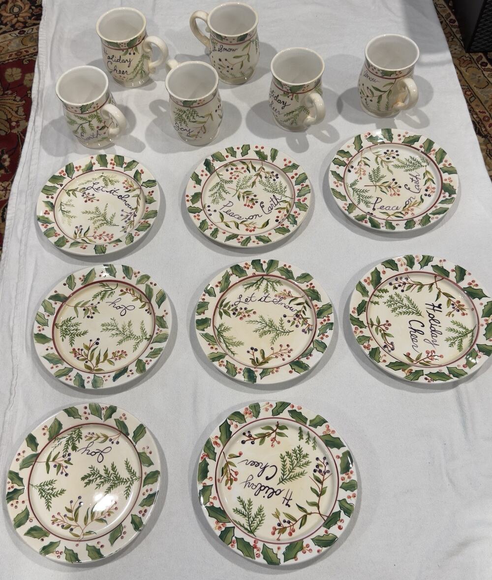 Vintage Capriware Christmas Ceramic 14-Pc Set - 8 Dessert Plates& 6 Mugs Read